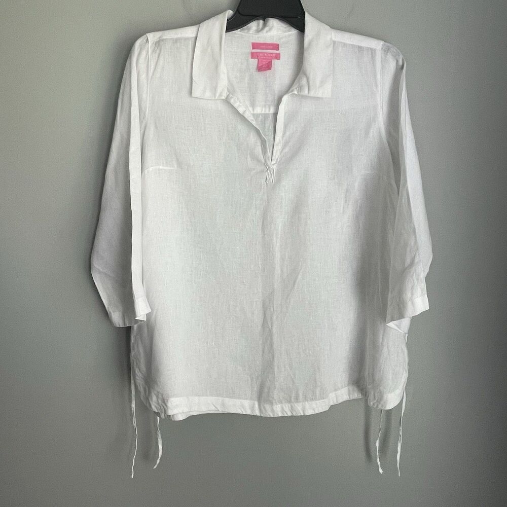 Isaac Mizrahi Crisp White 100% Linen Top Women's Size L Tunic V-Neck Collared